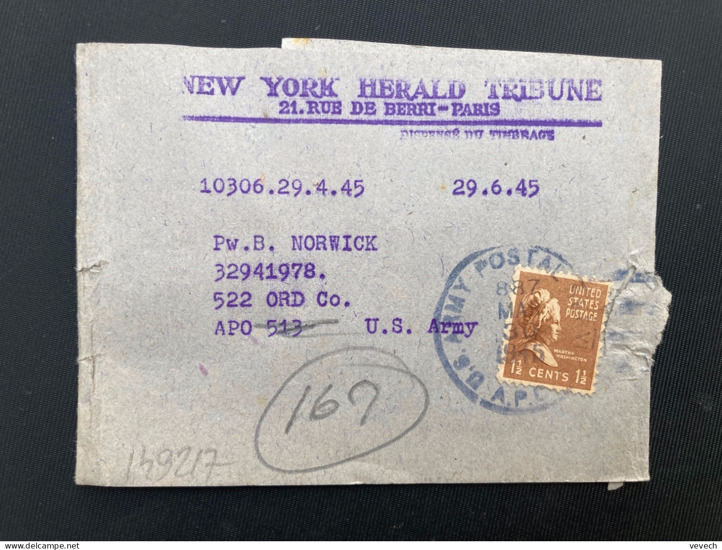 BJ NEW YORK HERALD TRIBUNE Pour APO 513 (modifiée 169) TP WASHINGTON 1 1/2c OBL.MEC. MAR 30 1945 APO - Postal History