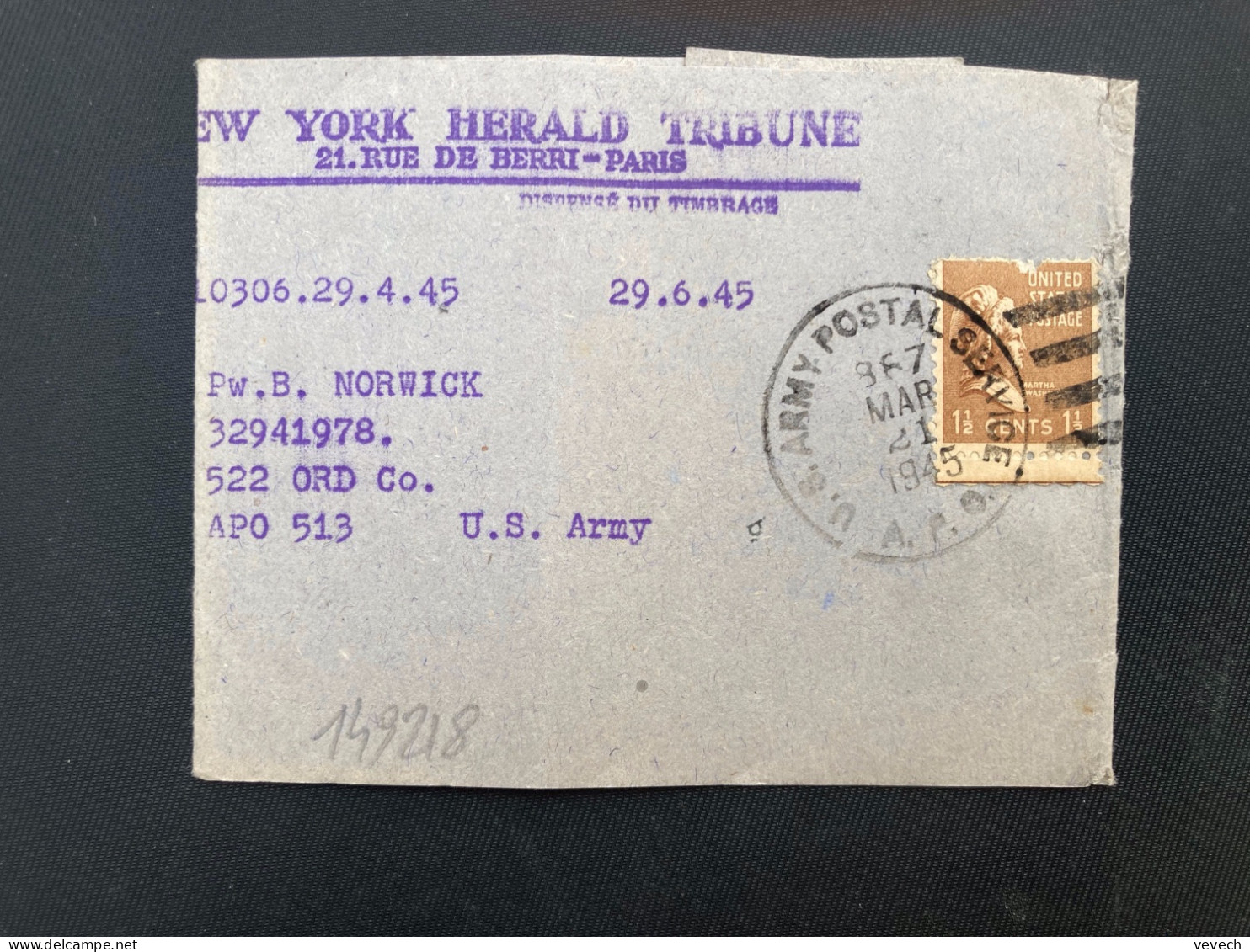 BJ NEW YORK HERALD TRIBUNE Pour APO 513 TP WASHINGTON 1 1/2c OBL.MEC. MAR 21 1945 APO - Postal History