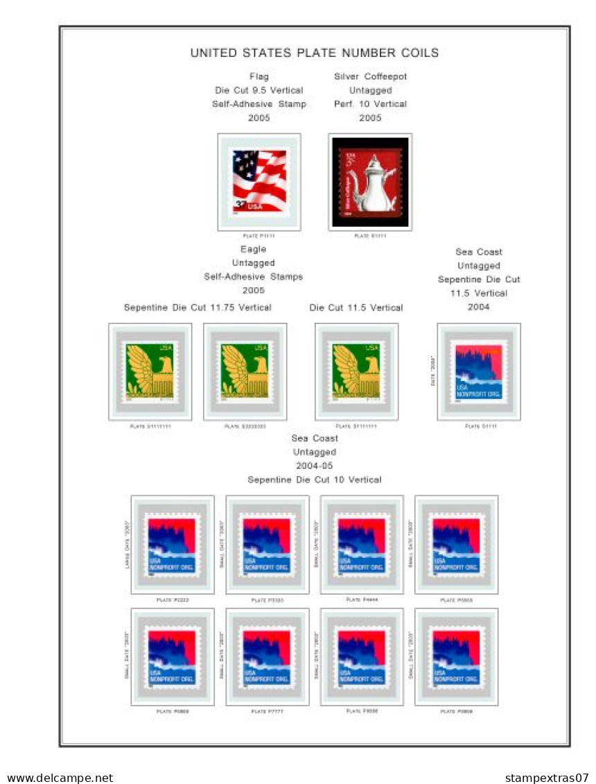 COLOR PRINTED US PLATE NUMBER COILS [SINGLES] 1981-2010 STAMP ALBUM PAGES (77 illustrated pages) >> FEUILLES ALBUM