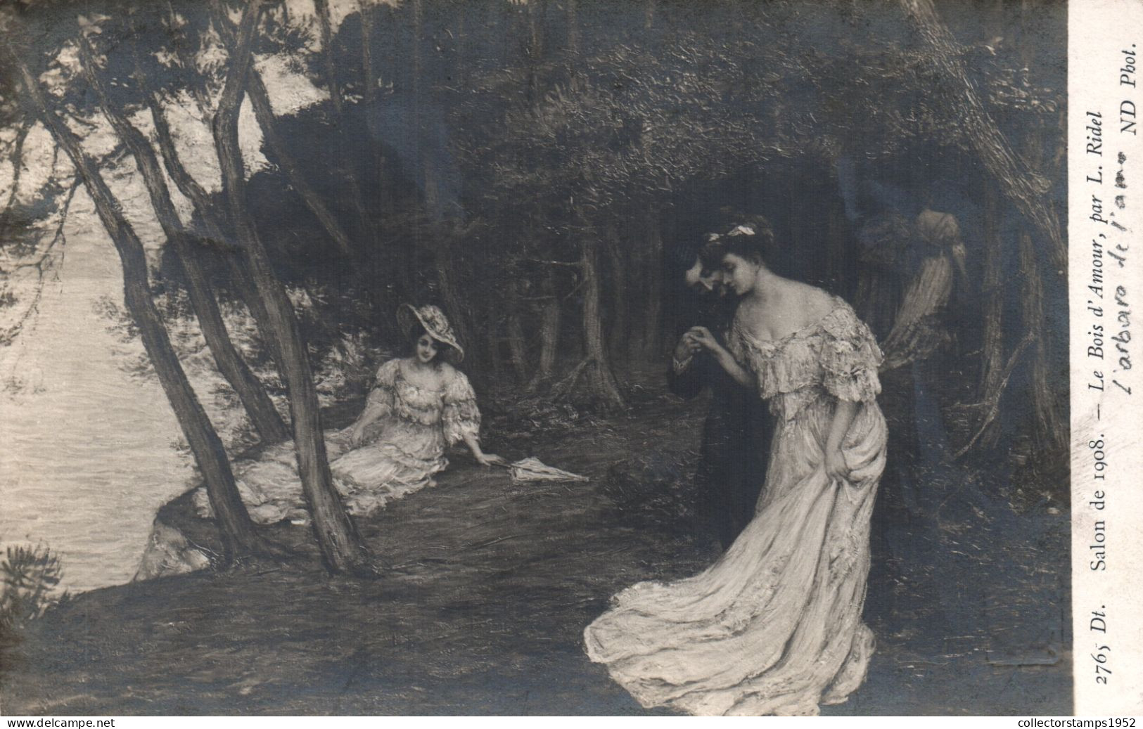 PAINTING, FINE ARTS, SALON DE 1908, LE BOIS D'AMOUR, L. RIDEL , ELEGANT WOMEN, FRANCE, POSTCARD - Paintings