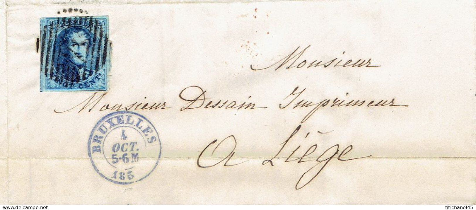 Médaillon N°7 (1 Voisin Et TB Margé) Sur Lettre Avec Contenu -  Obl. 14 Barres BRUXELLES (1852) Vers LIEGE - 1851-1857 Médaillons (6/8)