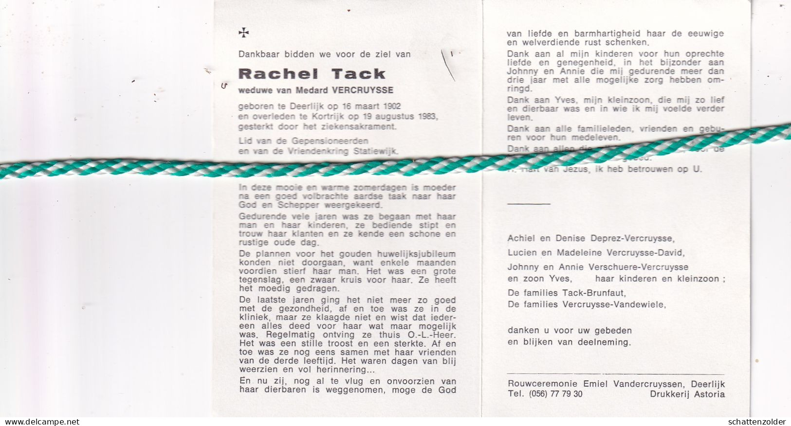 Rachel Tack-Vercruysse, Deerlijk 1902, Kortrijk 1983 - Todesanzeige