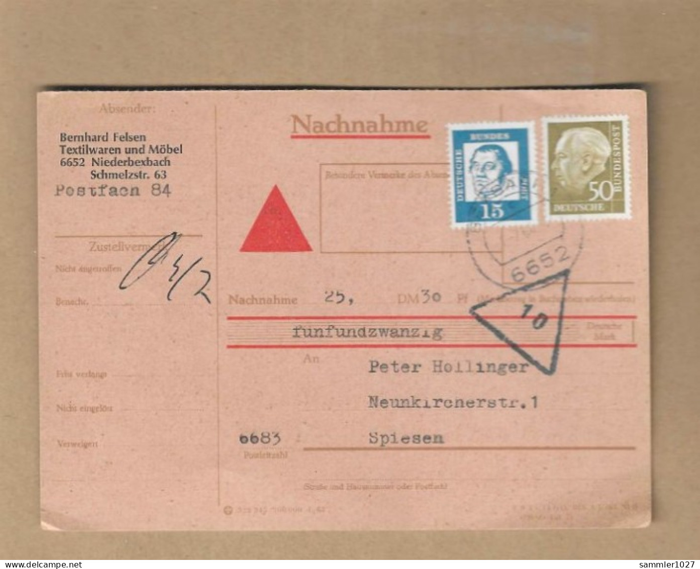 Los Vom 16.05 -  Zahlkarte Aus Niederbexbach 1964 - Lettres & Documents