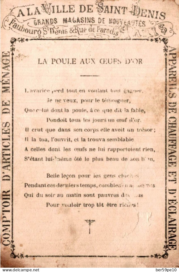 CHROMO A LA VILLE DE SAINT DENIS  MAGASINS DE NOUVEAUTES PARIS  LA POULE AUX OEUFS D'OR - Other & Unclassified