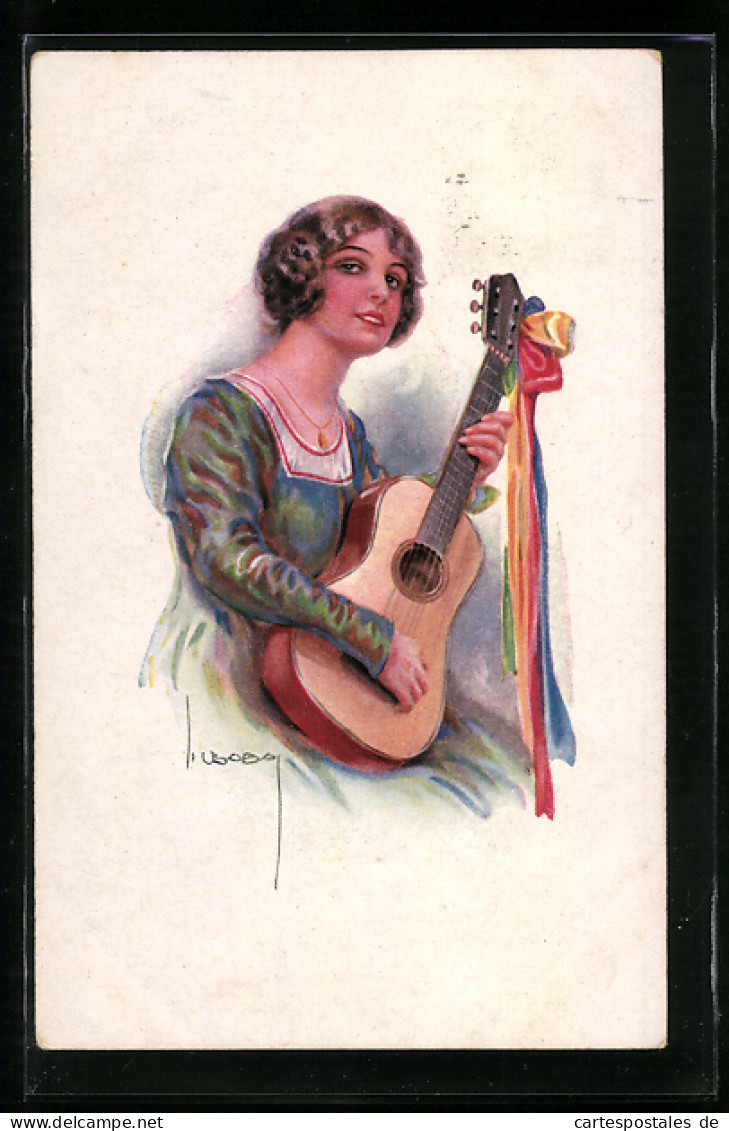 Künstler-AK Luis Usabal: Junge Frau Spielt Gitarre  - Usabal
