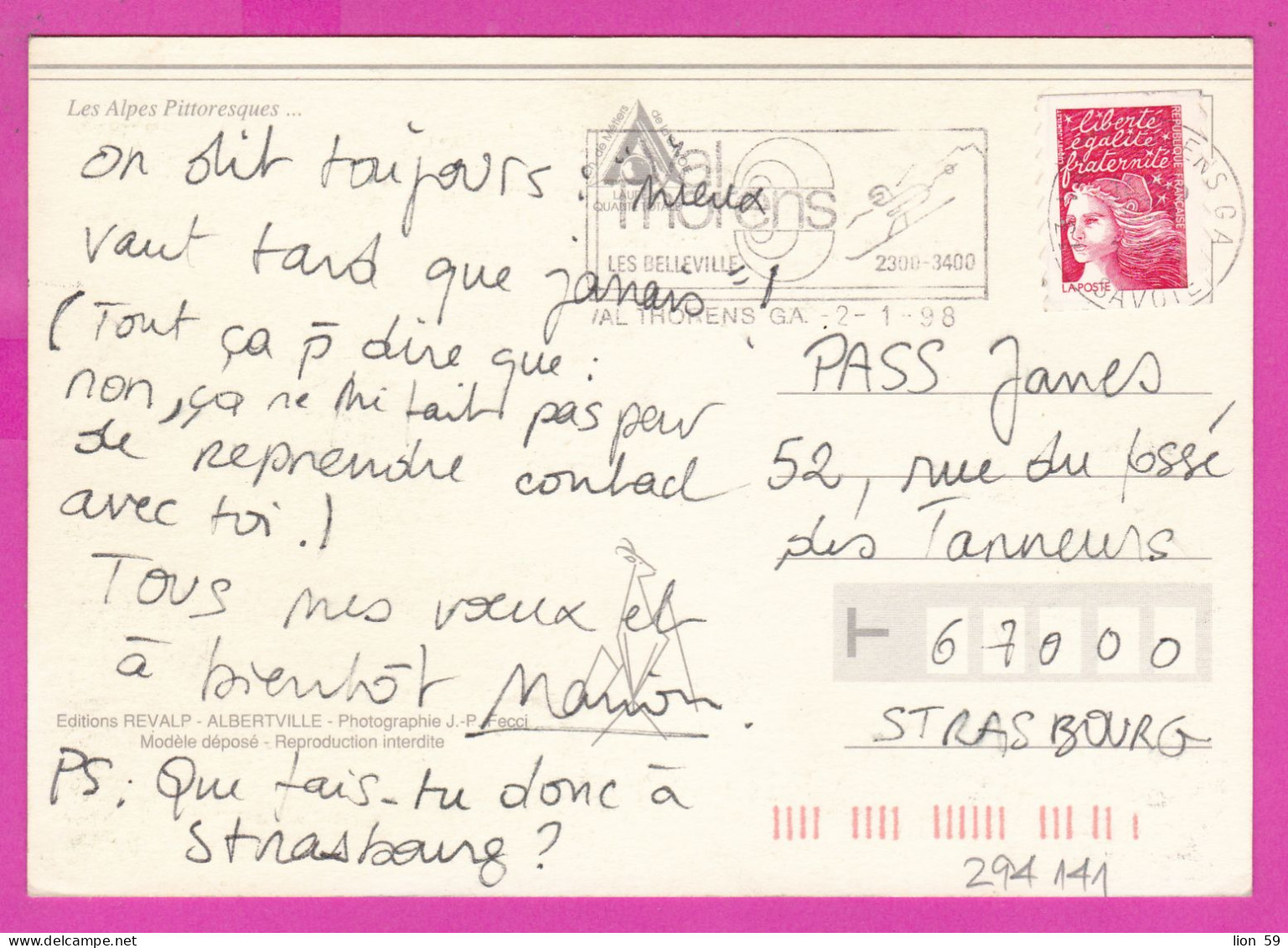 294141 / France - Les Alpes Pittoresques PC 1998 USED  Marianne De Luquet Sans Valeur Faciale Autoadhésif Bords   Flamme - Briefe U. Dokumente