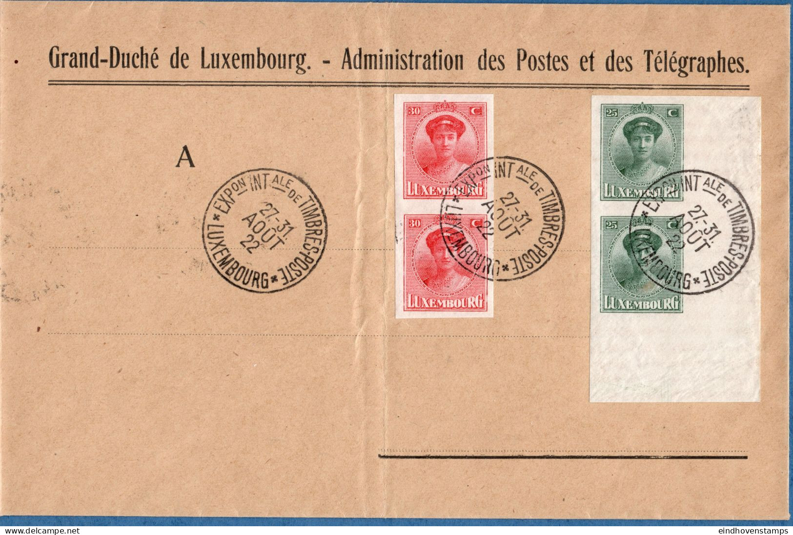 Luxemburg 1922 Exhibition Staps 2  Imperforated Pairs Cancelled On Official Cover - 25 C Sheet Cornerpair - Expositions Philatéliques