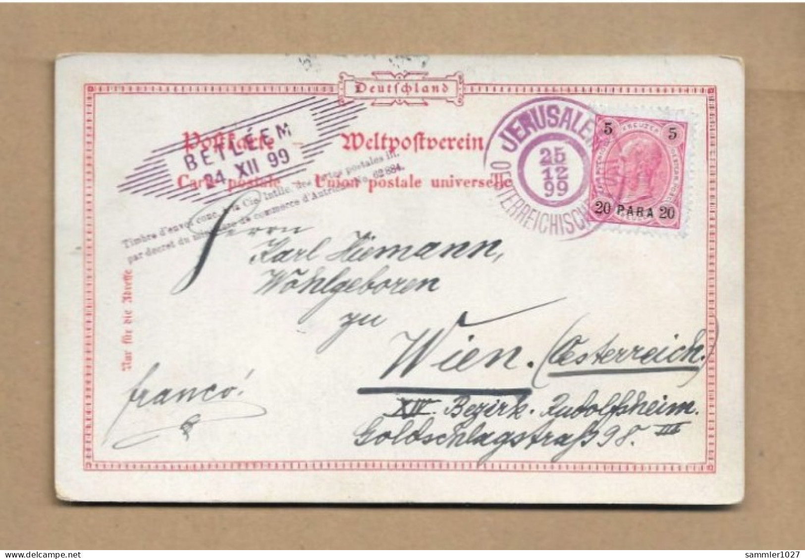 Los Vom 16.05 -  Weihnachtskarte Aus Jerusalem  Nach Wien 1899 - Lettres & Documents