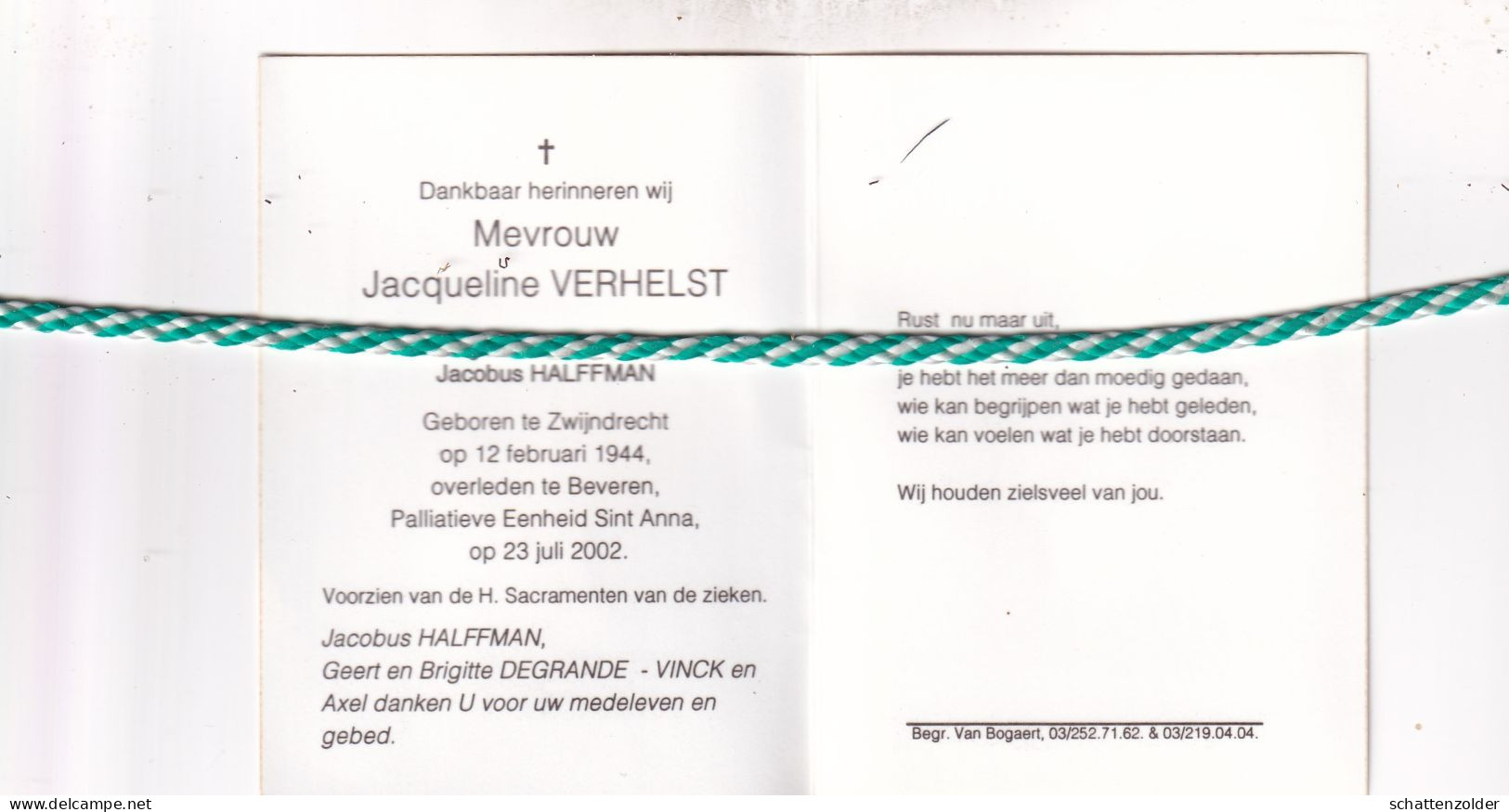 Jacqueline Verhelst-Halffman, Zwijndrecht 1944, Beveren 2002. Foto - Décès