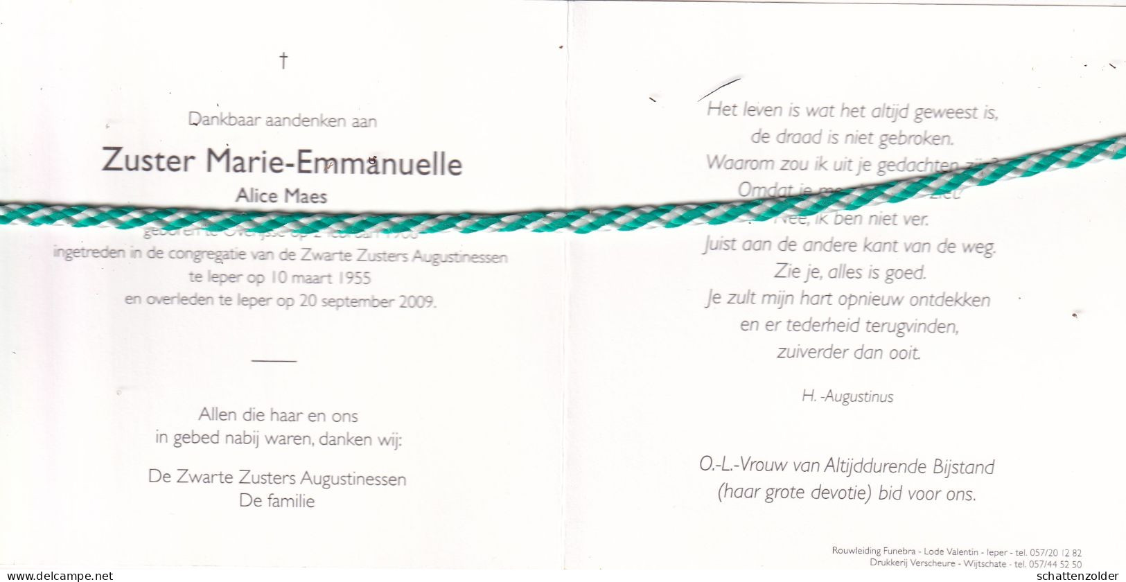 Zuster Marie-Emmanuelle (Alice Maes), Overijsse 1908, Ieper 2009. Honderdjarige - Obituary Notices