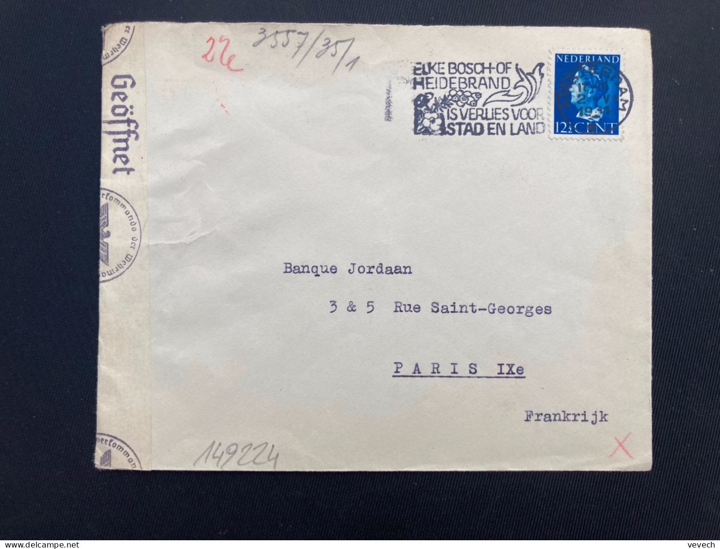 LETTRE Pour La FRANCE TP 12 1/2c OBL.MEC.2 V 1941 AMSTERDAM + CENSURE - Marcophilie