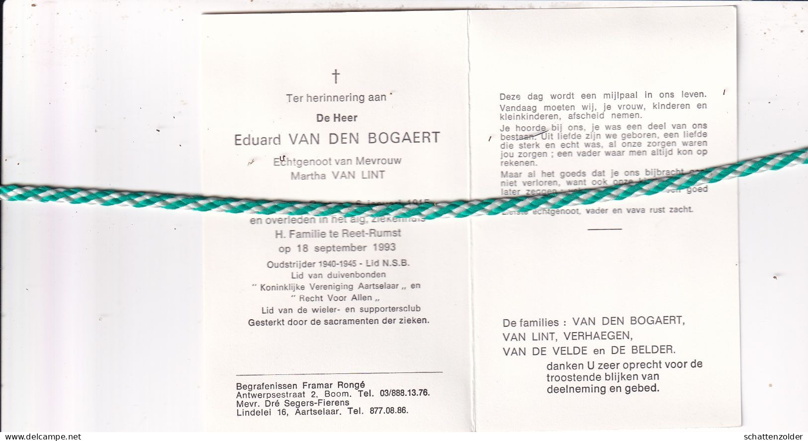 Eduard Van Den Bogaert-Van Lint, Reet 1915, Reet-Rumst 1993. Oud-strijder 40-45 - Todesanzeige