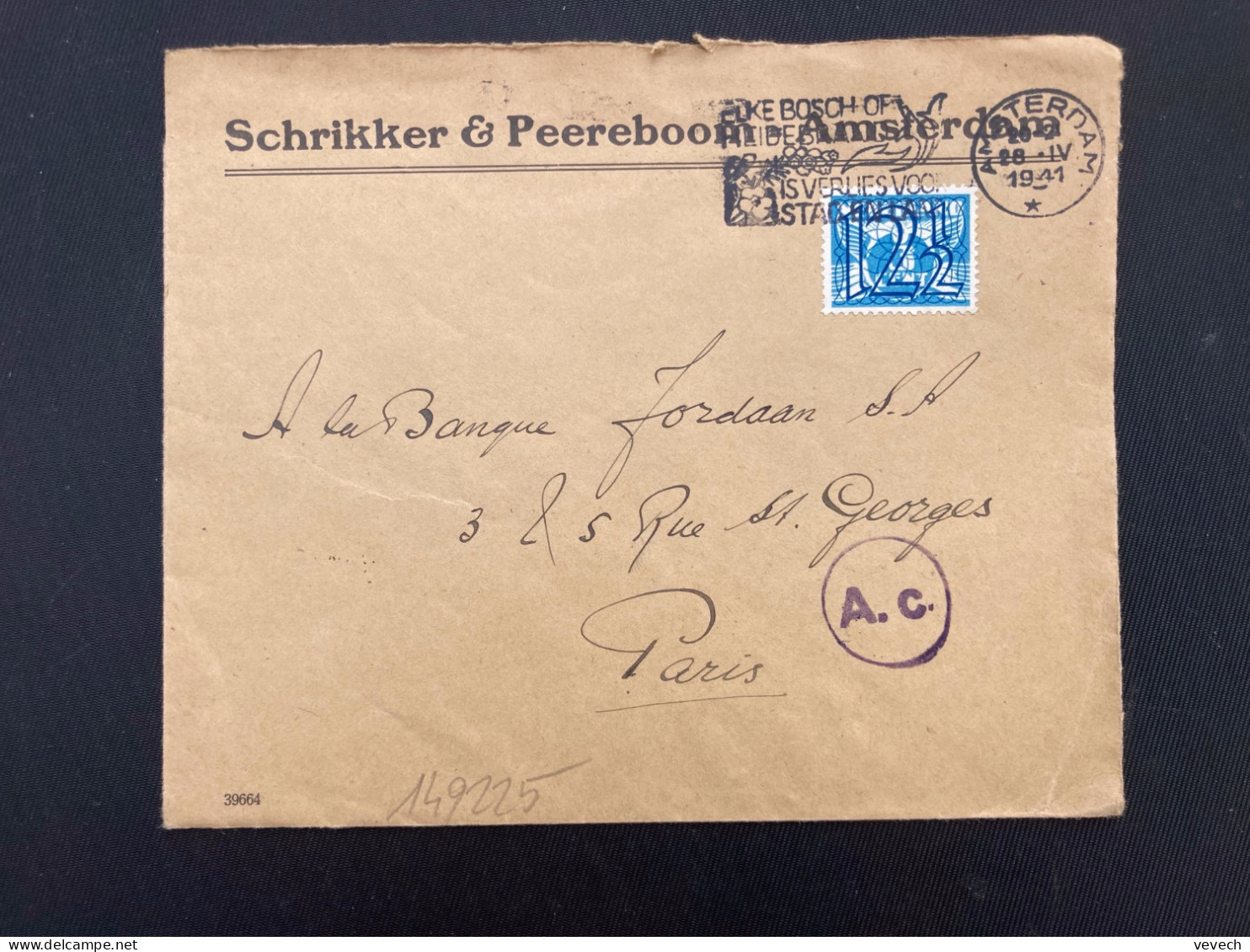 LETTRE SCHRIKKER & PEEREBOOM Pour La FRANCE TP 12 1/2c OBL.MEC.28 IV 1941 AMSTERDAM + CENSURE - Postal History