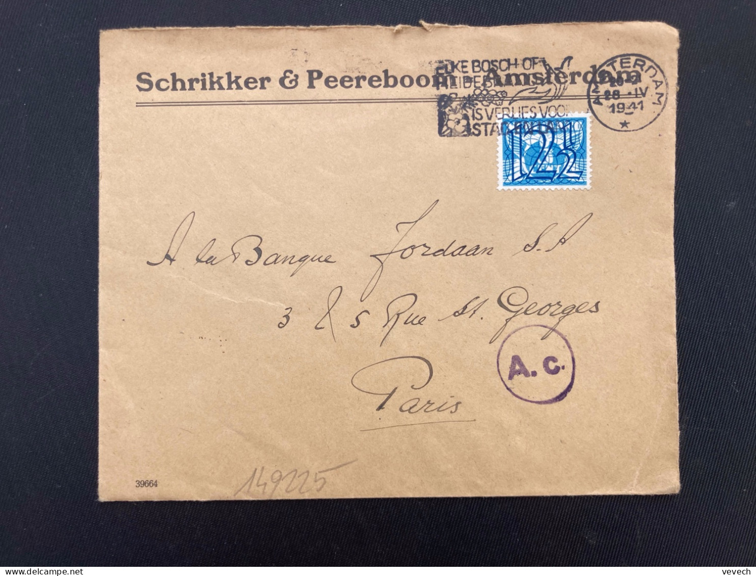 LETTRE SCHRIKKER & PEEREBOOM Pour La FRANCE TP 12 1/2c OBL.MEC.28 IV 1941 AMSTERDAM + CENSURE - Marcophilie