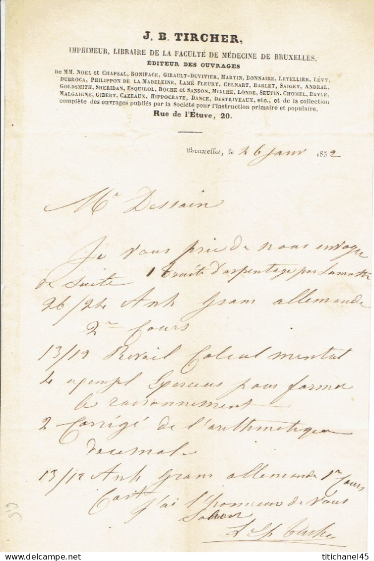 N°7 Margé Sur Lettre Avec Contenu - Belle Oblit. P24 BRUXELLES (1852) Vers LIEGE + Entête J.B. TIRCHER Imprimeur-éditeu - 1851-1857 Médaillons (6/8)