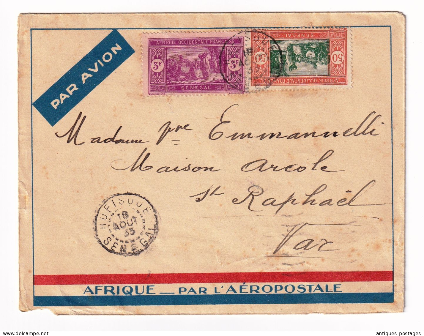 Lettre Sénégal 1935 Rufisque Afrique Par Aéropostale Pour Saint Raphaël Var - Briefe U. Dokumente