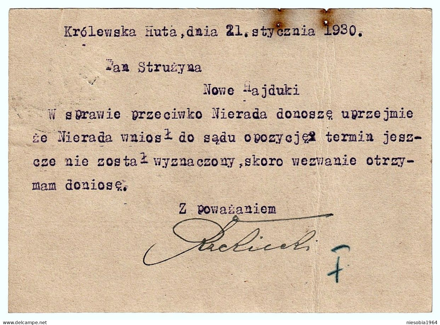 Republic Of Poland 15 Gr. Official Postcard Rzekiecki Private Defender   Królewska Huta 21/01/1930 - Lettres & Documents