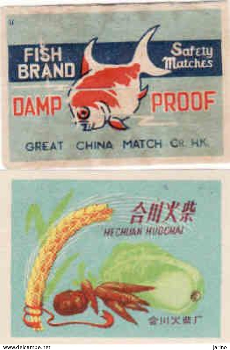 China - 2 Matchbox Labels, Fish, Vegetables, Grain, Rice - Zündholzschachteletiketten