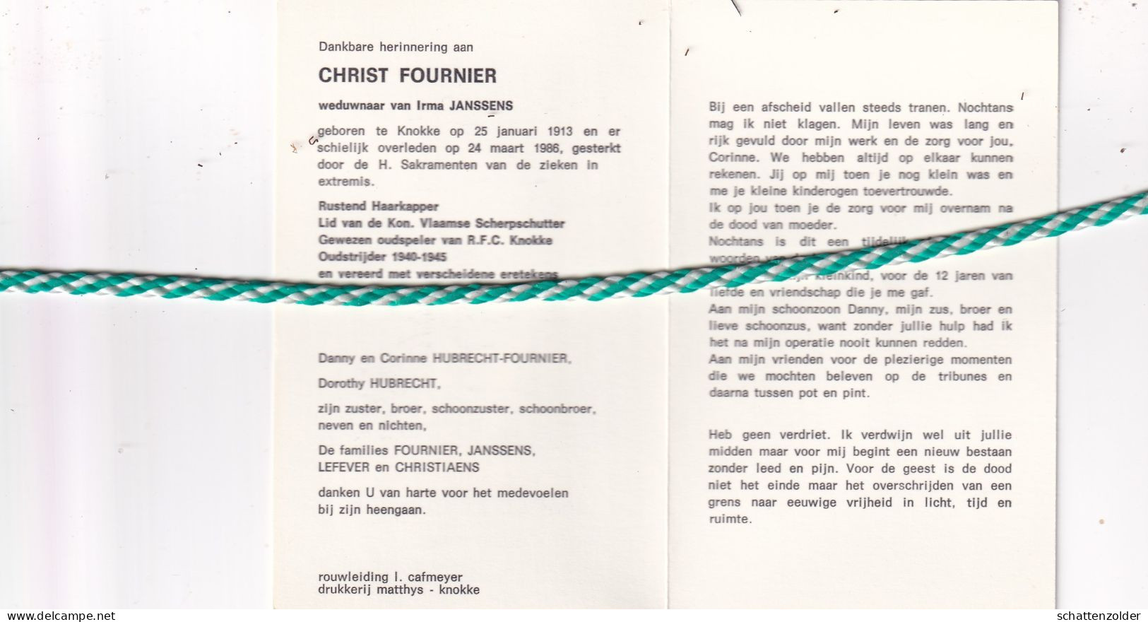Christ Fournier-Janssens, Knokke 1913, 1986. Haarkapper O.r. Oud-speler R.F.C. Knokke; Oud-strijder 40-45; Foto - Décès