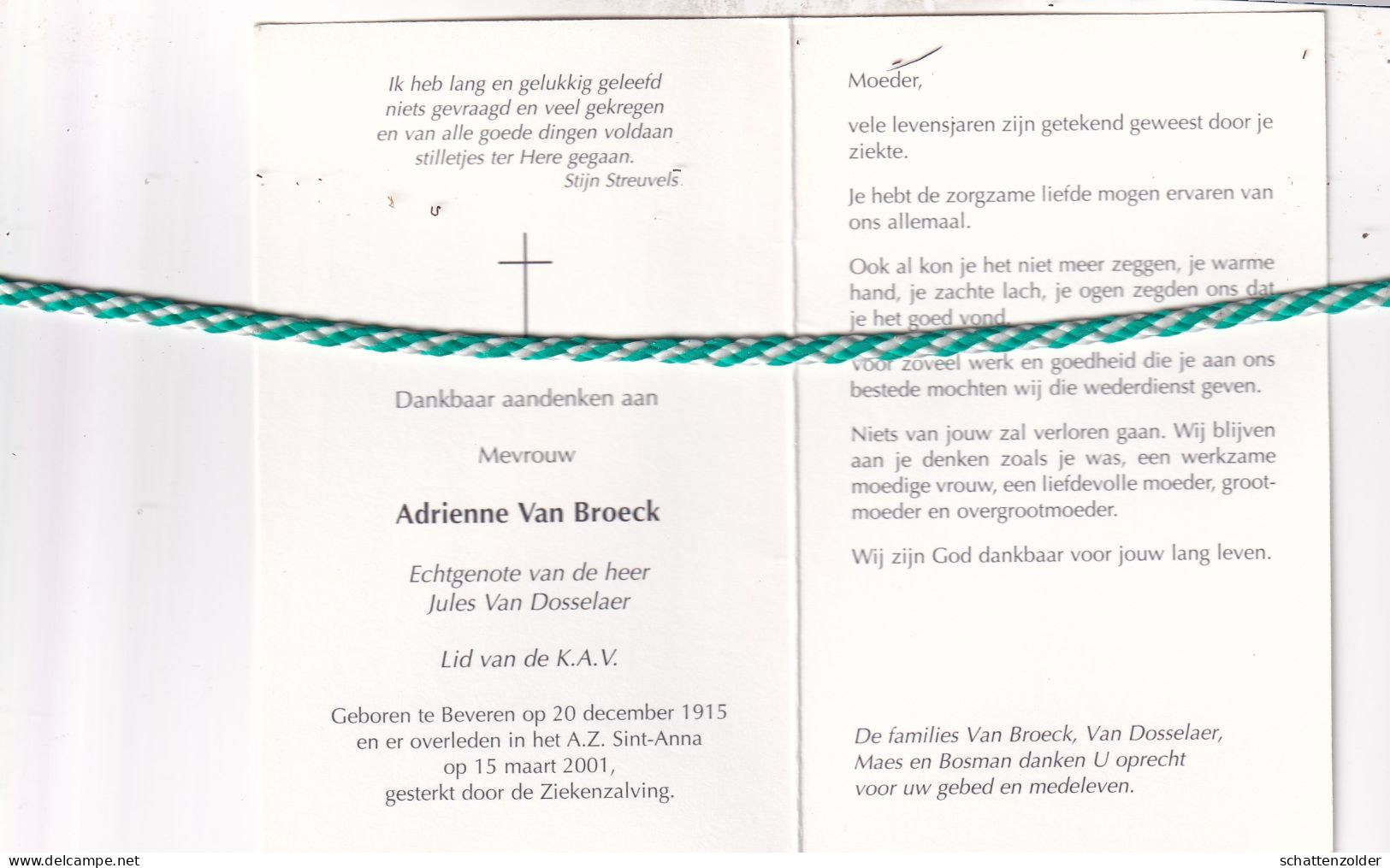Adrienne Van Broeck-Van Dosselaer, Beveren 1915, 2001. Foto - Obituary Notices