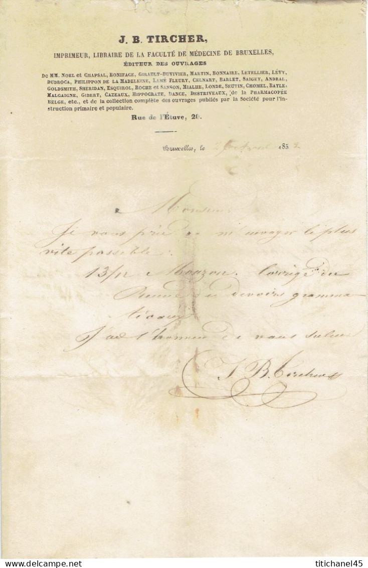 N°7 Margé Sur Lettre Avec Contenu - Belle Oblit. P24 BRUXELLES (1852) Vers LIEGE + Entête J.B. TIRCHER Imprimeur-éditeur - 1851-1857 Medallions (6/8)