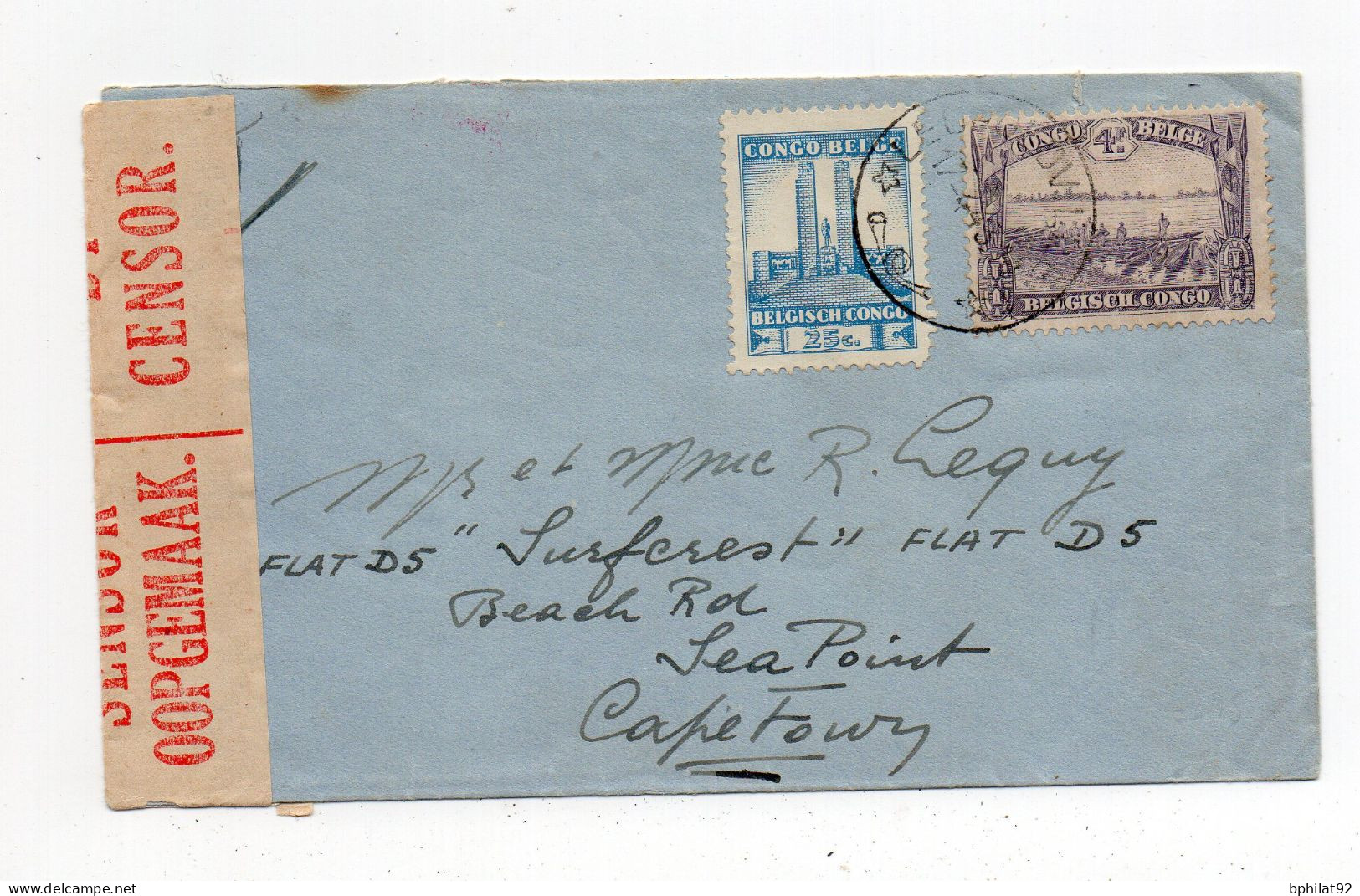 !!! CONGO BELGE, LETTRE DE LEOPOLDVILLE POUR CAPETOWN AVEC CENSURE D'AFRIQUE DU SUD DE 1943 - Covers & Documents