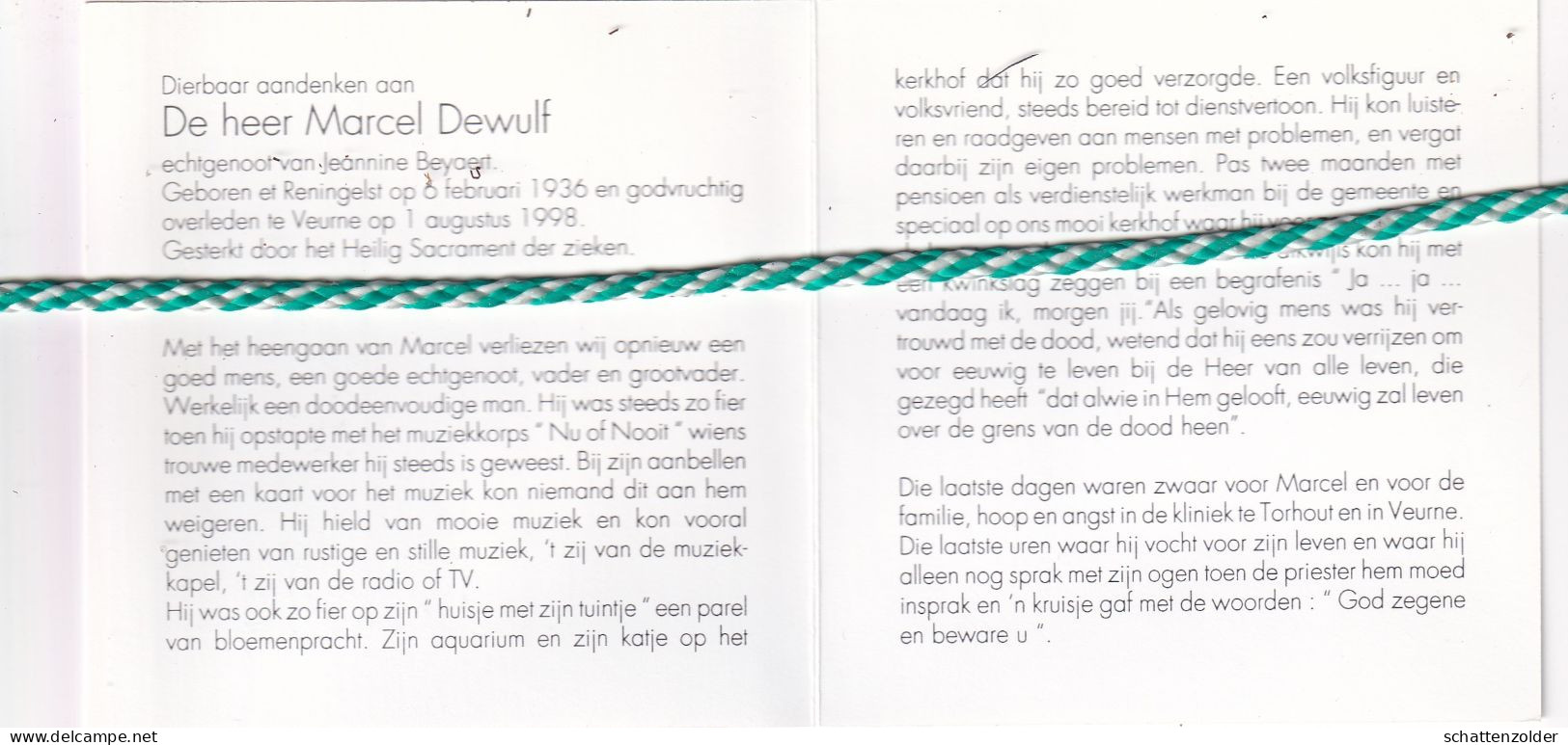 Marcel Dewulf-Beyaert, Renningelst 1936, Veurne 1998. Foto - Décès