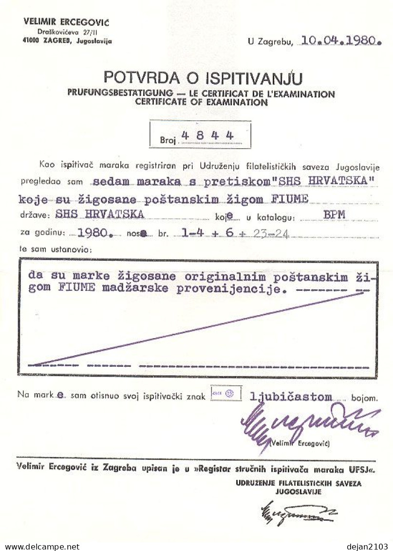 Croatia SHS Fiume CERTIFICATE Of Velimir Ercegovic USED - Croatie