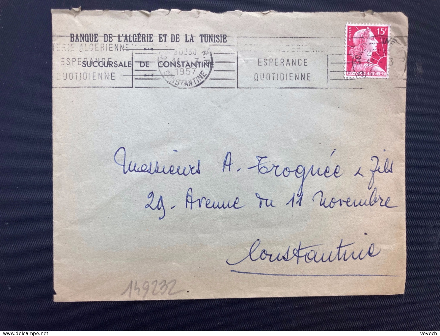 LETTRE BANQUE DE L'ALGERIE ET DE LA TUNISIE TP M DE MULLER 15F OBL.MEC.11-3 1957 CONSTANTINE RP - 1955-1961 Marianne De Muller