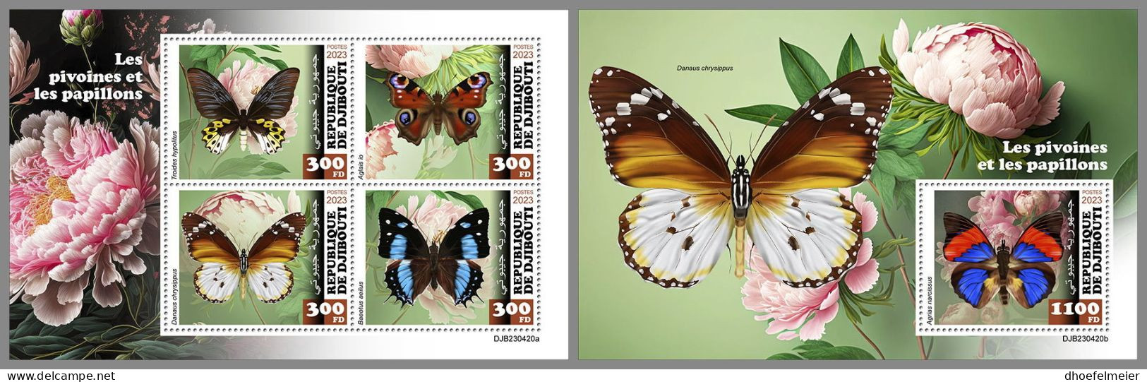 DJIBOUTI 2023 MNH Peonies Butterflies Pfingstrosen Schmetterlinge M/S+S/S – OFFICIAL ISSUE – DHQ2420 - Roses