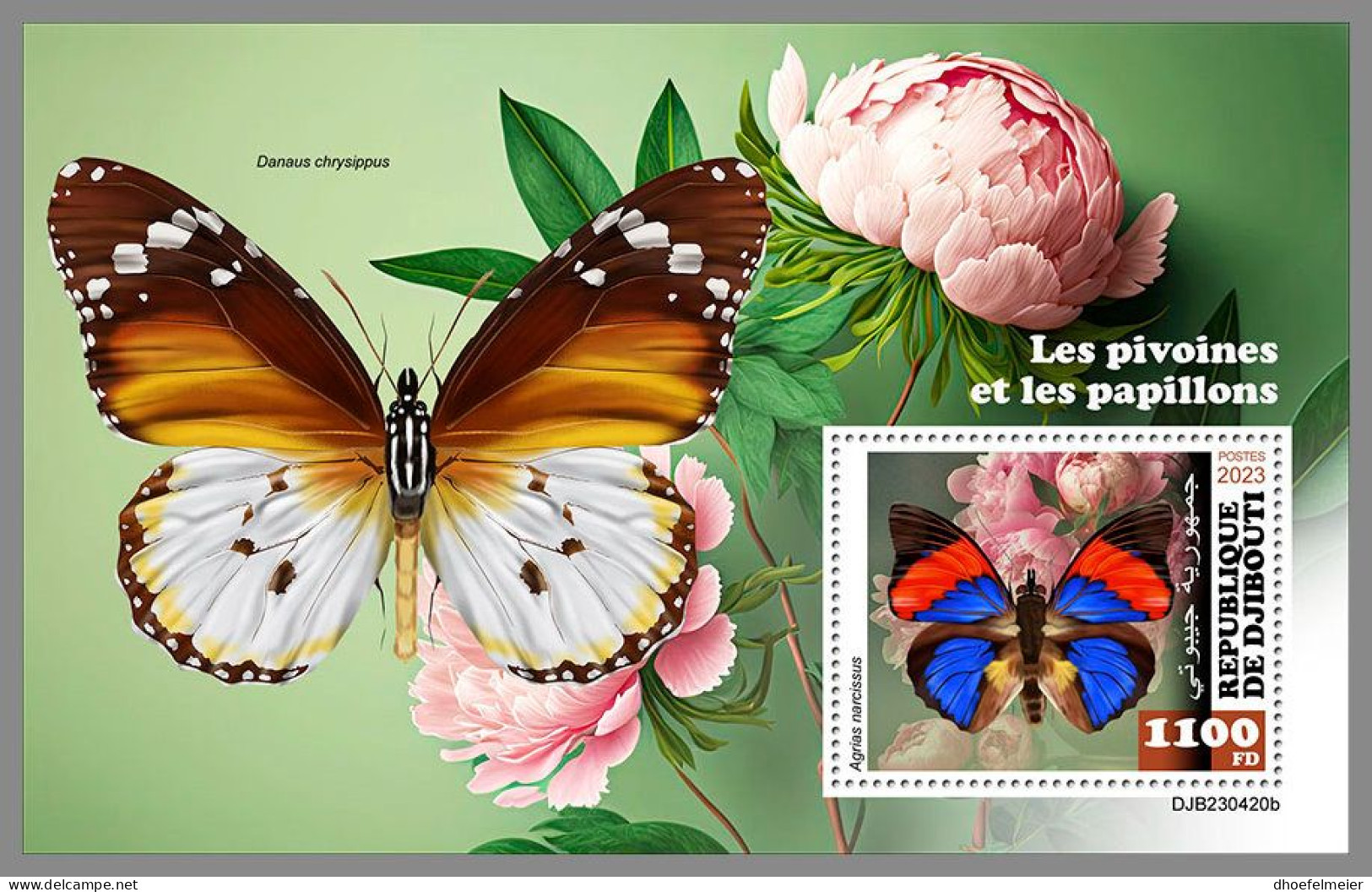 DJIBOUTI 2023 MNH Peonies Butterflies Pfingstrosen Schmetterlinge S/S – OFFICIAL ISSUE – DHQ2420 - Roses