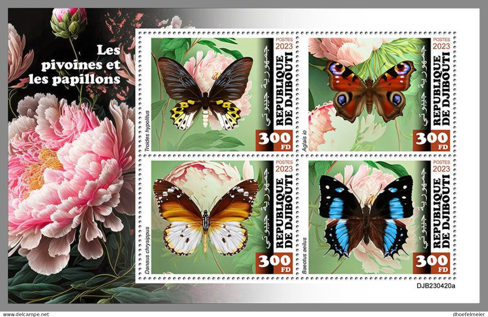 DJIBOUTI 2023 MNH Peonies Butterflies Pfingstrosen Schmetterlinge M/S – OFFICIAL ISSUE – DHQ2420 - Rozen