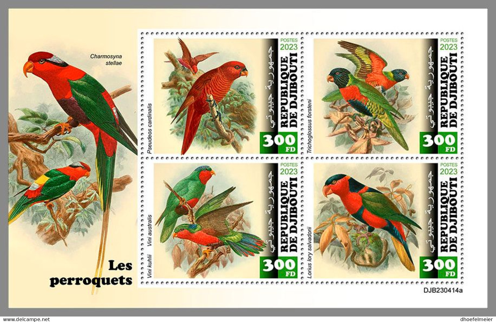 DJIBOUTI 2023 MNH Parrots Papageien M/S – OFFICIAL ISSUE – DHQ2420 - Perroquets & Tropicaux