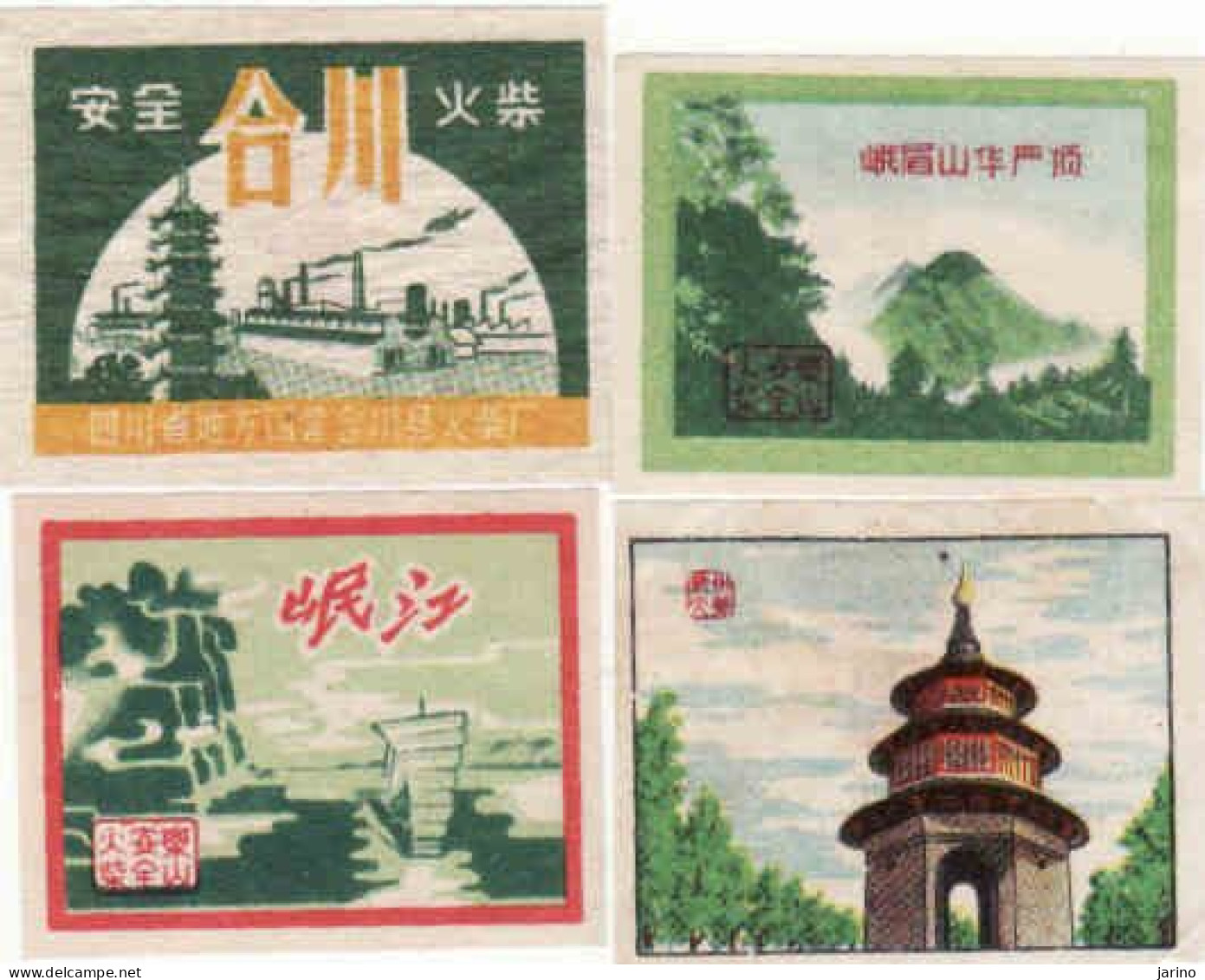 China - 4 Matchbox Labels, Construction, Factory, Mountain, Tower - Luciferdozen - Etiketten