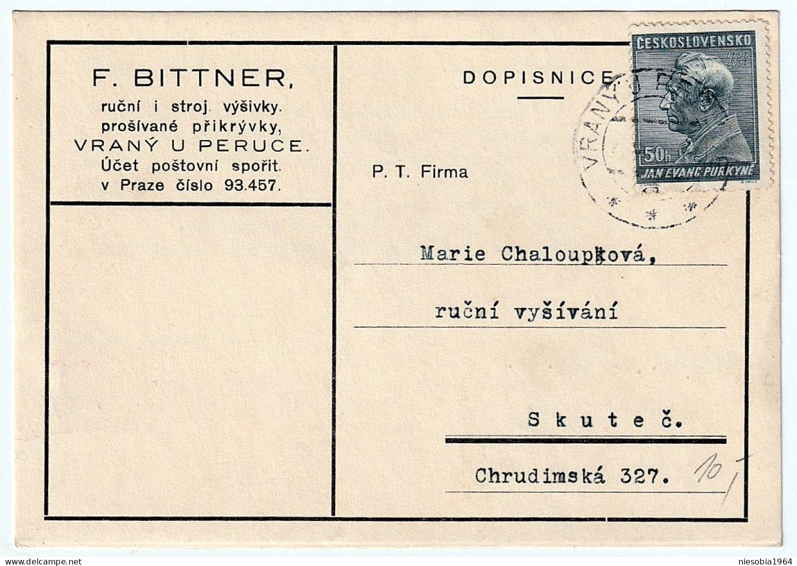 Czechoslovakia Company Postcard Of The Craftsman František Bittner Vrany 2/12/1937 - Cartes Postales