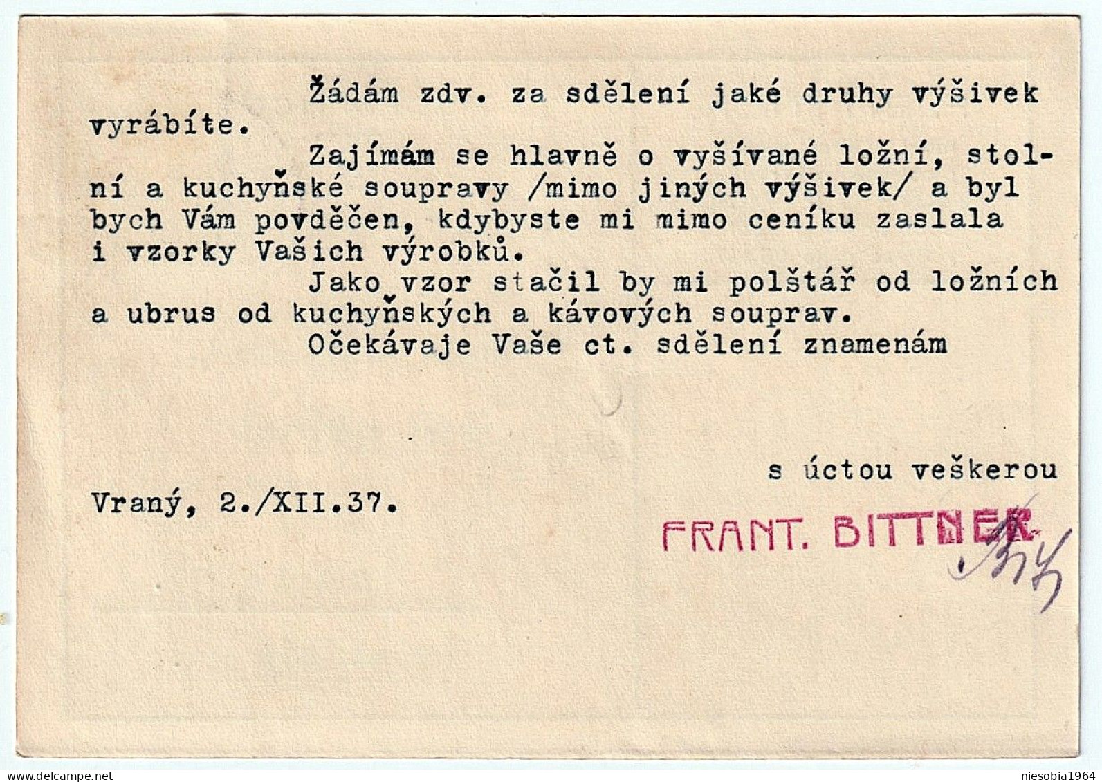 Czechoslovakia Company Postcard Of The Craftsman František Bittner Vrany 2/12/1937 - Postcards