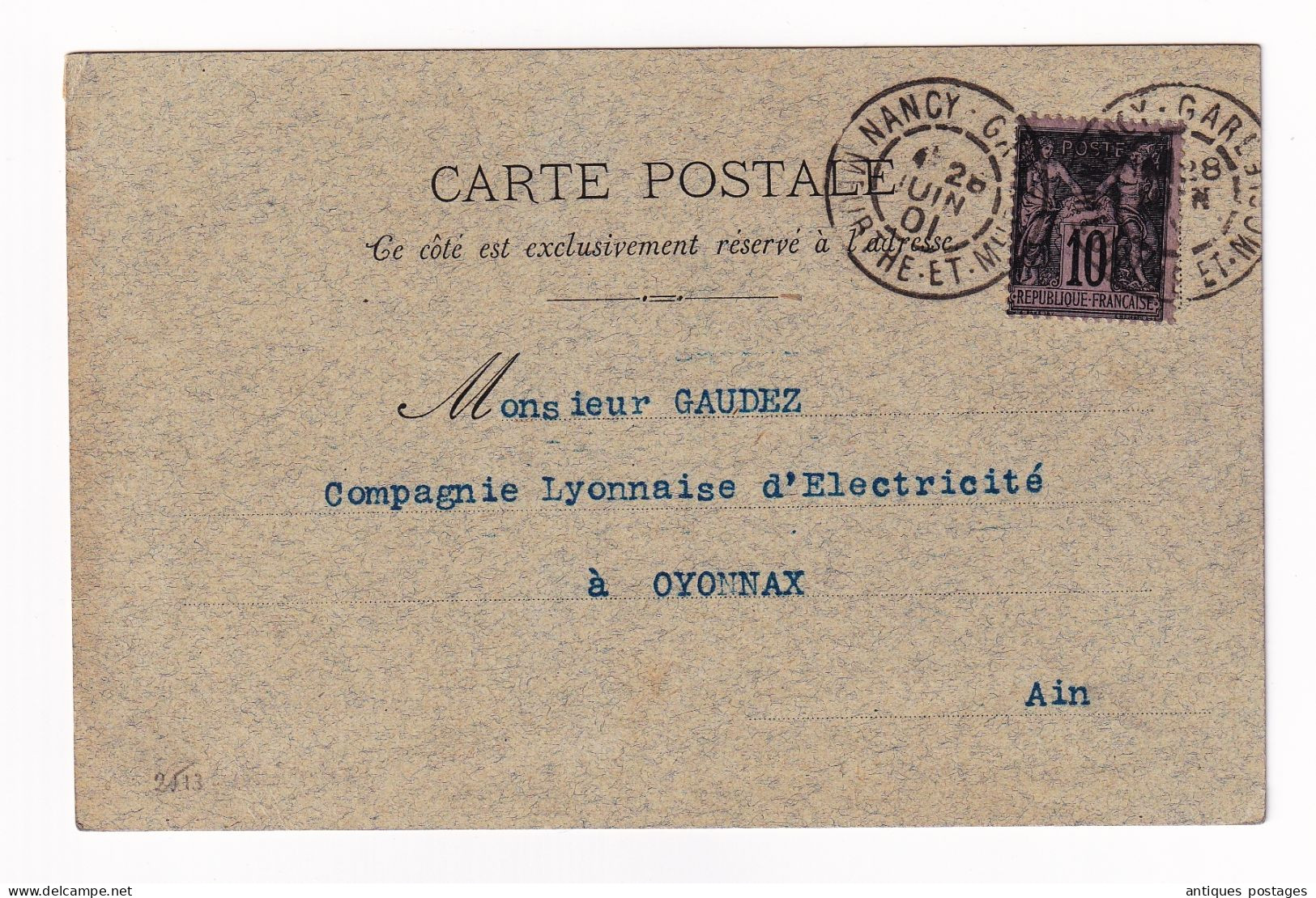 Carte Postale Nancy 1901 Meurthe Et Moselle Oyonnax Type Sage Fabius Henrion Éclairage Électrique - 1898-1900 Sage (Type III)