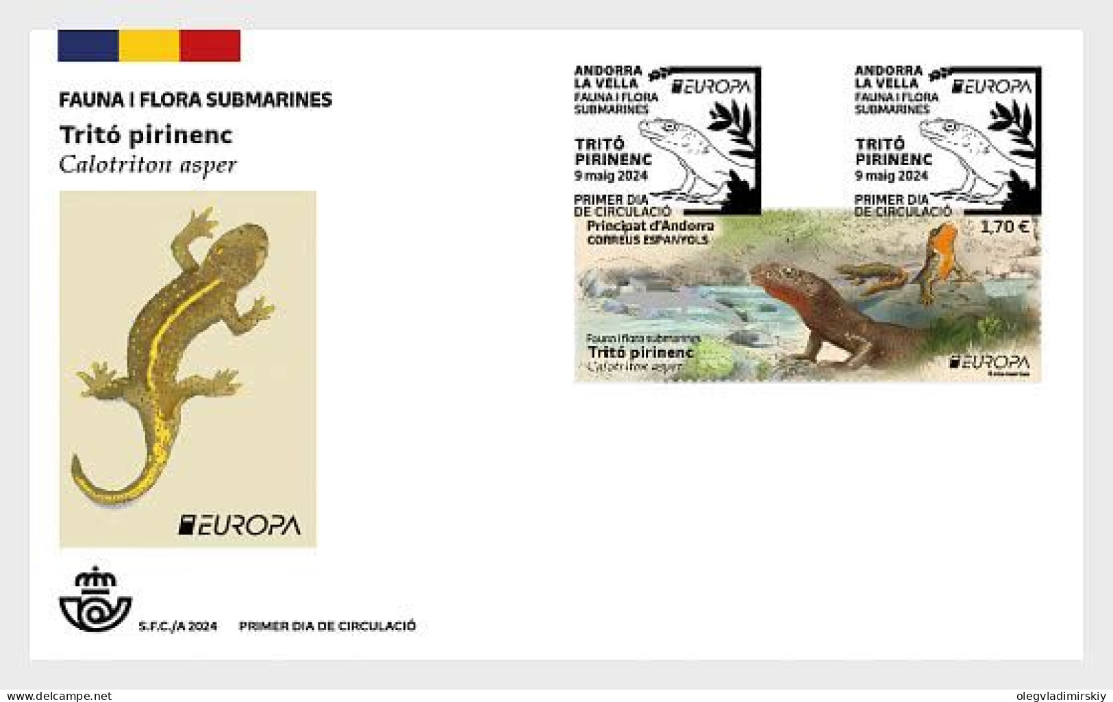 Andorra (Spain) 2024 Europa CEPT Underwater Flora And Fauna Pyrenean Tritó Stamp FDC - Autres & Non Classés