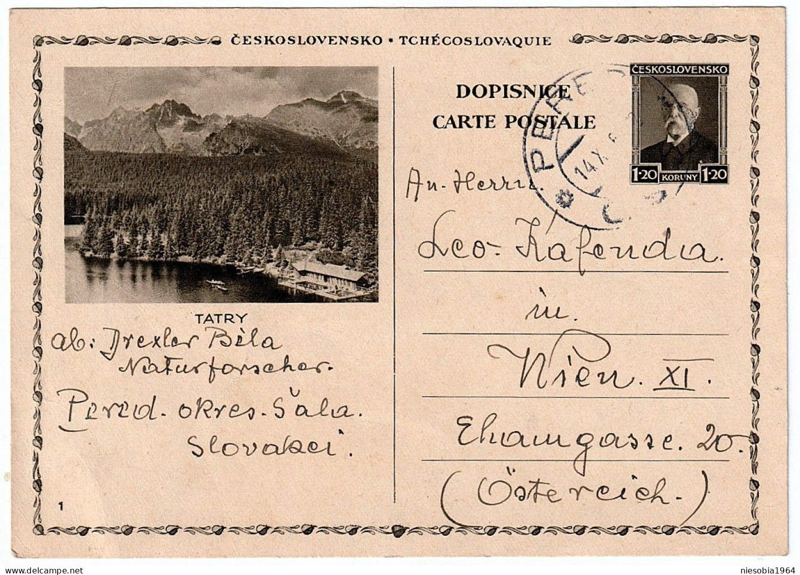 Czechoslovakia Postcard 1.20 Crowns Tešedíkovo (Hungarian: Pered) "TATRAS" 14 October 1936 - Cartes Postales