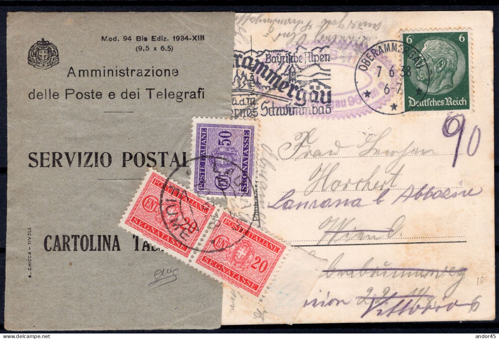 1938 7 GIU COPPIA DEL  CENT.20+CENT.50 SASS.40+36 DELLA SERIE "STEMMA CON FASCI" USATI SU CARTOLINA CON PEZZO DI FOGLIET - Poststempel