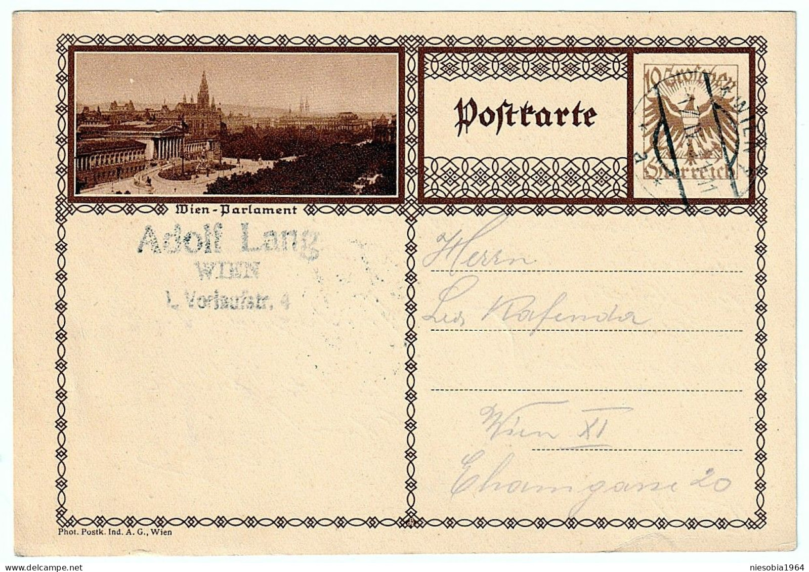 Österreich 10 Groschen Potkarte, Wiener Parlament. Stempel, Adolf Lang Wien Vorlaufstrasse 4 - Siegel Wien 1931 - Covers & Documents