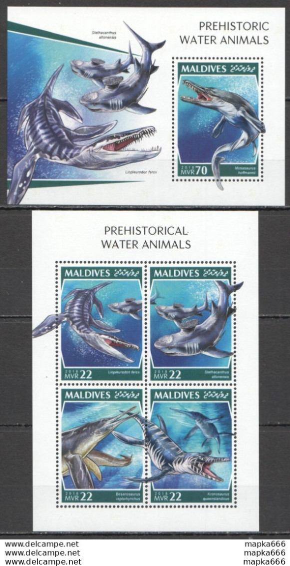 Hm0661 2018 Maldives Dinosaurs Prehistoric Water Animals #8010-3+Bl1268 Mnh - Préhistoriques