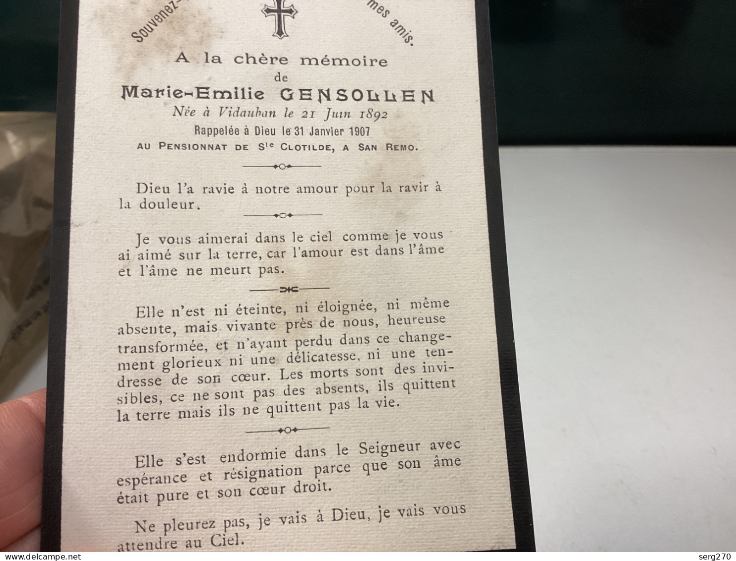 Image, Pieuse Et Religieuse, Avis De Décès. Marie Émilie 1892 Décédé Au Pensionnat De Sainte Clotilde à Sanremo. - Devotion Images