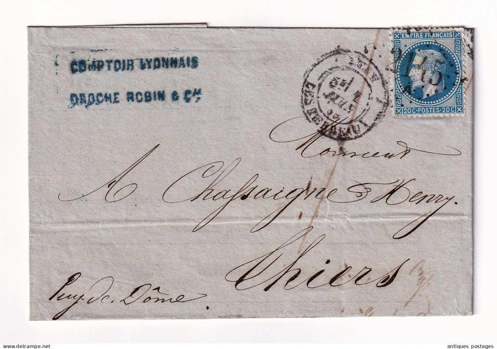 Lettre 1869 Lyon Rhône Comptoir Lyonnais Droche Robin & Cie Thiers Henry Chassagne Puy De Dôme - 1862 Napoléon III