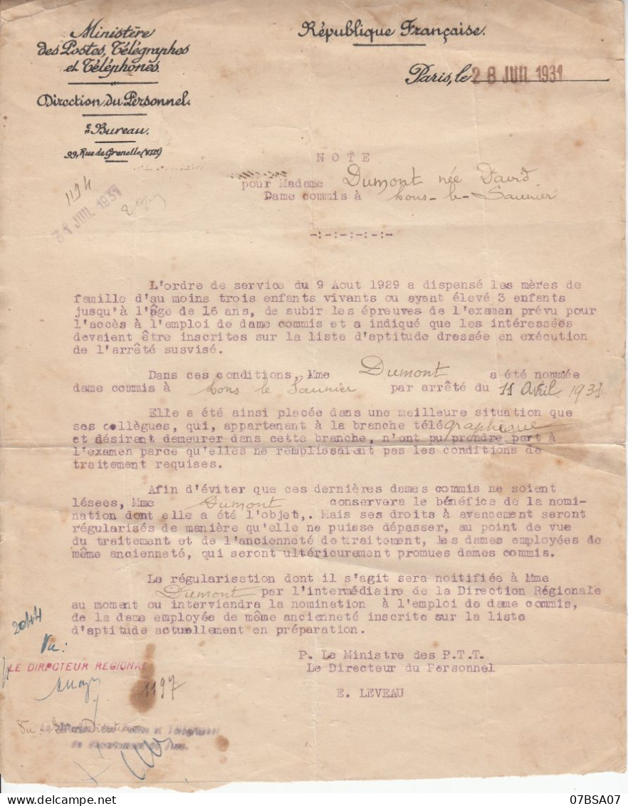 DOCUMENT POSTE JURA LETTRE 1931 MINISTERE DES POSTE PARIS => NOMINATION DUMONT DAME COMMIS POSTE LONS LE SAUNIER JURA - Historische Dokumente