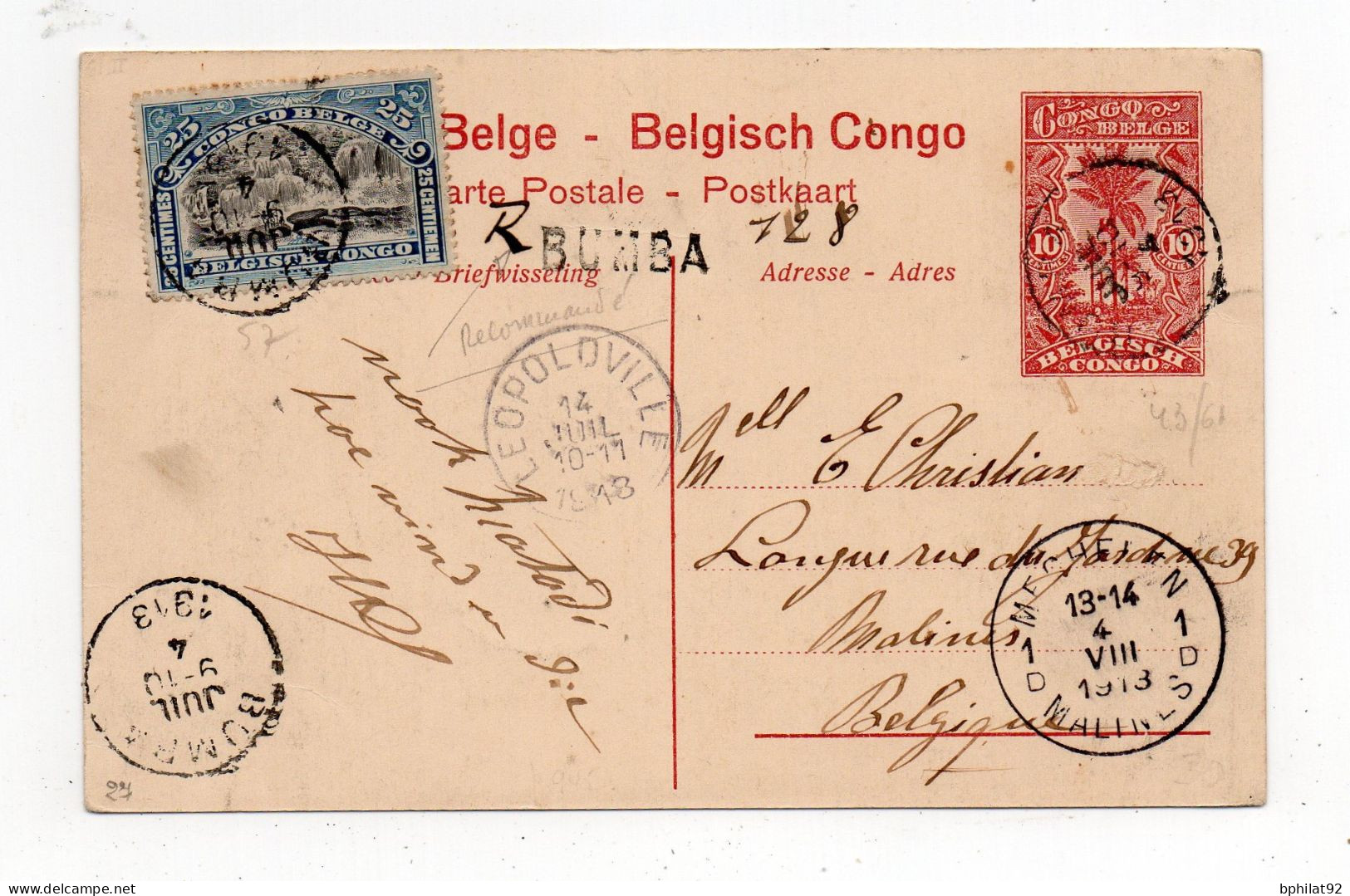 !!! CONGO BELGE, ENTIER POSTAL RECOMMANDE DE BUMBA DE 1913 POUR LA BELGIQUE - Lettres & Documents