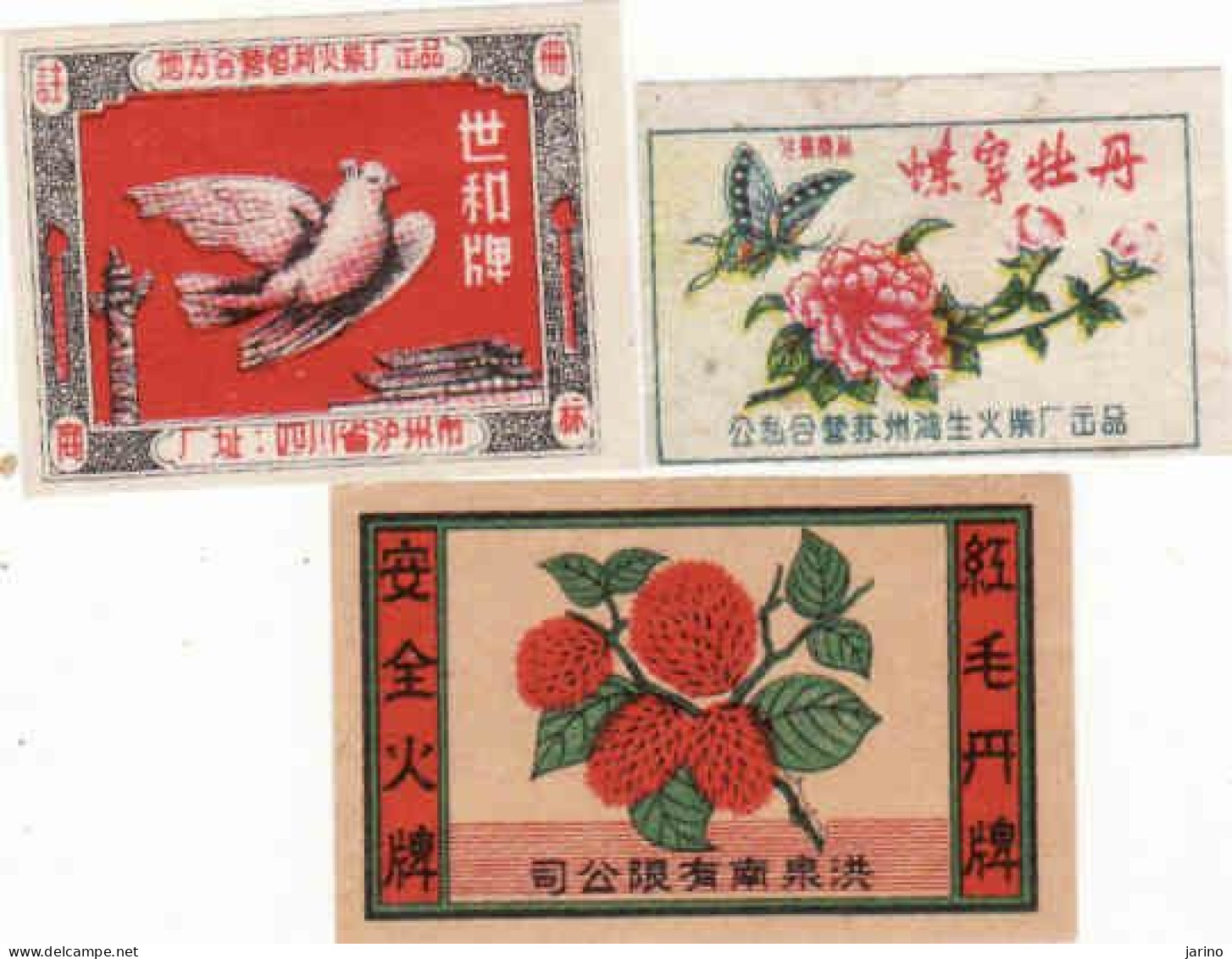 China - 3 Matchbox Labels, Dove, Bird, Flower, Rose, Butterfly - Matchbox Labels