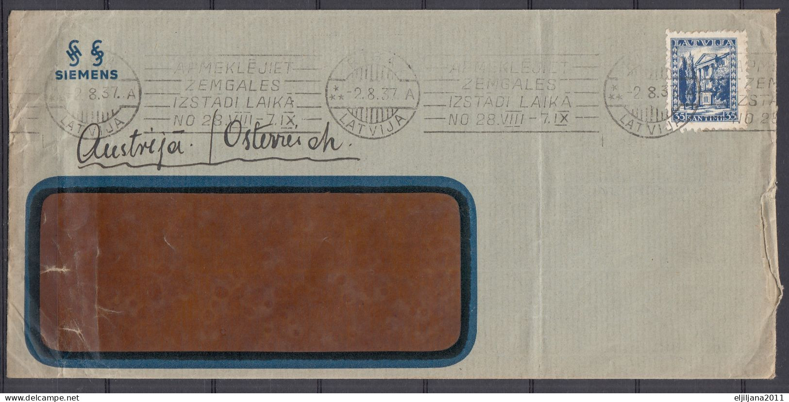 ⁕ Latvia / Lettland 1937 ⁕ Mi.236 On Business Cover, Window - SIEMENS, Postmark RIGA ⁕ 2v Used - See Scan - Lettonie