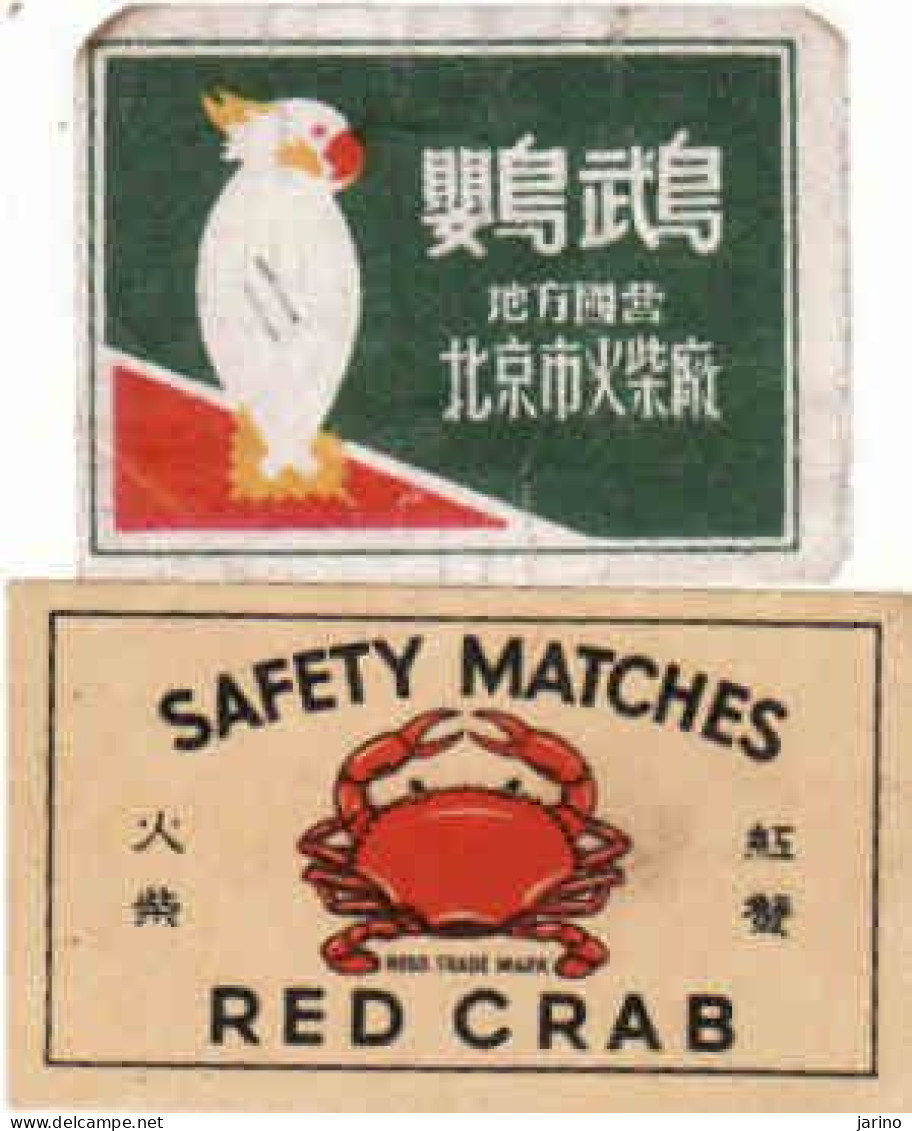 China - 2 Matchbox Labels, Bird, Parrot, Cockatoo, Red Crab - Luciferdozen - Etiketten