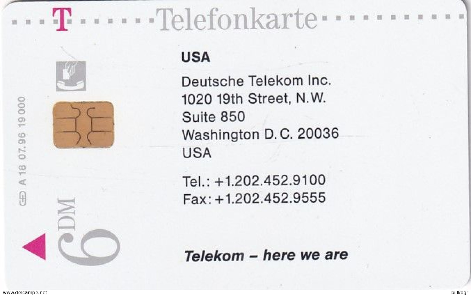 GERMANY(chip) - Here We Are/Capitol-Washington(USA)(A 03), CN : 1609, Tirage %17000, 07/96, Mint - A + AD-Series : D. Telekom AG Advertisement